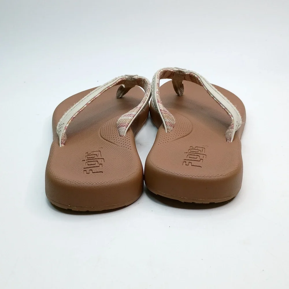Flojos Fiesta Flip Flop Sandals Women Size 7 Tan Cream Woven Fabric Lining